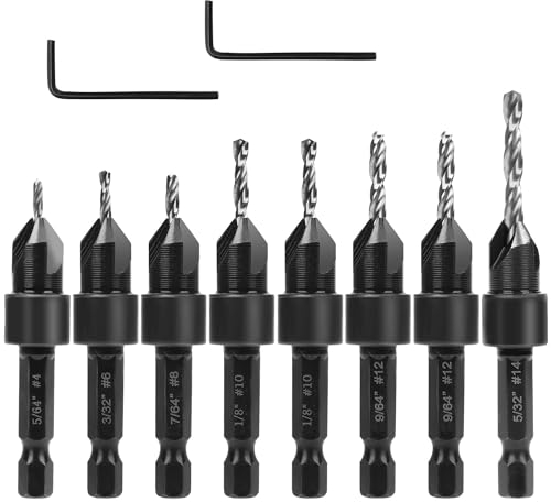 10pcs Countersink Drill Bit Set, Counter Sink Drill Bit for Wood with Wrenches Woodworking Countersink Bit Adjustable Depth for #4#6#8#10#12#14 Screws in Hard Wood Plastic Plate