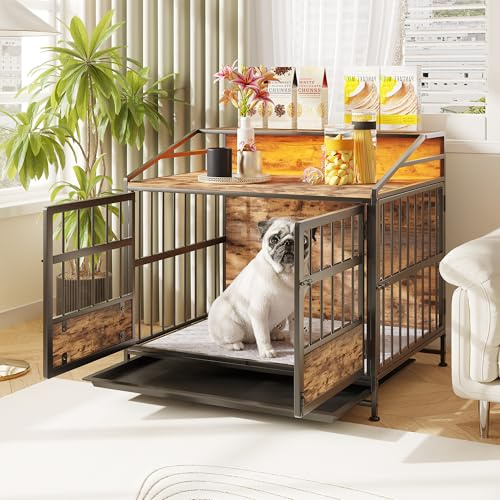 FOUBAM Hundekäfig Möbel Mit Lagerregal,Beistelltisch,Hundebox Große/Mittlere Hunde Hundehütte Indoor mit Holz Tischoberfläche,Hundehaus für Zuhause,Herausnehmbares Tablett,88x61x80cm Schwarz