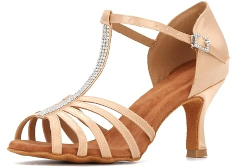 Syrads Mujeres Zapatos de Baile Latino Salsa Práctica Salón Salsa Zapatos de Baile de Partido, Champán 7.5cm Heel, 39 EU