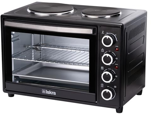 Iskra Mini Backofen mit Kochplatten und Umluft 38L, mit Timer, Edelstahl Heizelemente,100-230°C, inkl. rotierendem Spieß, Backblech und Rost, 3600 Watt, Schwarz