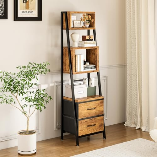 Coleshome Book Shelf, Narrow Bookcase with 5 Shelves and 2 Fabric Drawers, Bookshelf Suitable for Bedroom, Office, Living Room, 39 x 28.5 x 157 cm, Retro Color