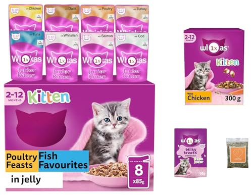 Kitten Food Variety Bundle with Poultry Feast and Fish Favourites (Total 8x85 gram), Milky Treats (1x50 gram), Chicken Dry Kitten Food (1x300 gram), Ubipet Catnip and Lint Roller