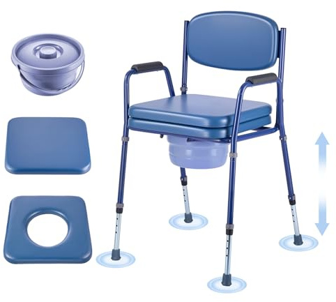VEVOR Nachttoilettenstuhl 181 kg belastbar, Toilettensitzerhöhung mit gepolsterter Sitzfläche & Rückenlehne, abnehmbarer 5 L Eimer, höhenverstellbarer Toilettenstuhl (815-915 mm) für Erwachsene