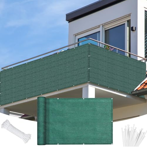 Pantalla para Balcón 80 x 300 cm Opaca, Protección UV, Resistente Al Viento, con Ataduras de Cables Revestimiento para Balcón para Vallas de Jardín, Terraza, Verde Oscuro