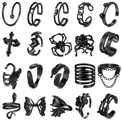 YADOCA 20Pcs Black Rings for Women Gothic Ring Y2K Mens Rings Set Snake Bat Devil Spider Claw Skul Adjustable Knuckle Stacking Ring Gothic Halloween Jewelry
