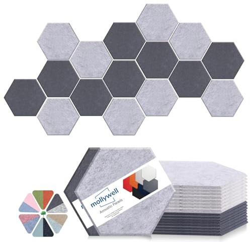 Mollywell Hexagon Acoustic Wall Panels, 35x30 cm, High Density, Sound Proofing Wall Decor, Self Adhesive Felt Tiles for Home, Studio, Office & Focus Zone, 16 Pack, Silver & Moon Gray
