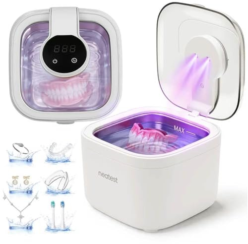 NEATEST Ultrasonic Retainer Cleaner, 45kHz Ultrasonic Cleaning Pod, 5 Modes 350ML Denture Cleaner for Night Guards, Aligners, Braces, Toothbrush Heads, Jewelry, White