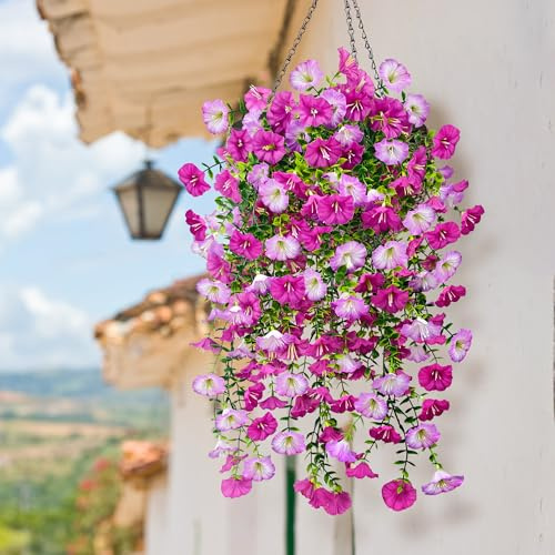 YMIFEEY 4 Stück Künstliche Hängepflanzen Kunstblumen Hängend Wie Echt Hängende Kunstpflanzen Wetterfest Künstliche Blumen Ranken für Außen Innen Balkon Terrasse Blumenampel (4, Lila Petunien)