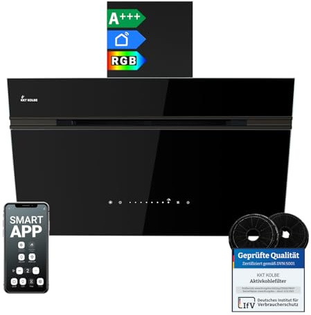 KKT KOLBE A+++ Dunstabzugshaube 80 cm 782 cbm/h Umluft Abluft Kopffrei Wandhaube | Schwarz | Glas | Nachlaufautomatik | Smart WiFi App WLAN | SensorTouch | RGBW LED-Beleuchtung | AURORA8005FB