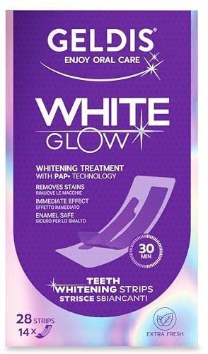 GELDIS Whitening Strips WHITEGlow, Striscie Sbianca Denti, 28 strisce per 14 giorni, Rimuove Macchie Superficiali, Delicate su Smalto e Gengive, Facili da Usare