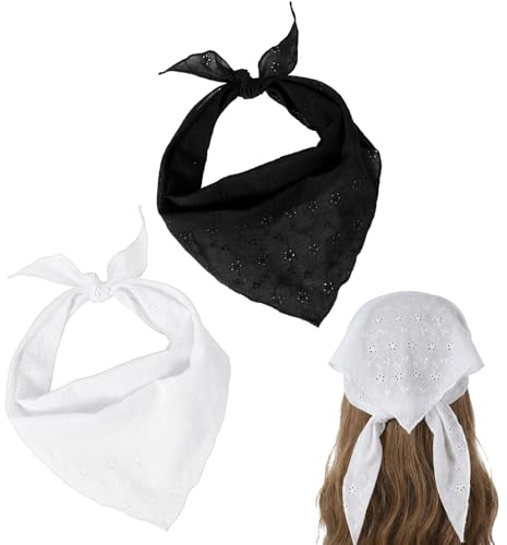 Xindojuz 2 st vit och svart huvudscarf pannband för kvinnohår, bandanas för kvinnor, spetshår halsduk bandana pannband, söt snygg dam flickor huvudduk halsdukar sommartillbehör