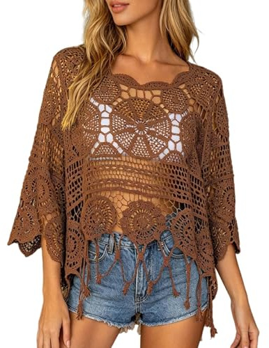 Women Crochet Fringe Cover Up Plain Fringe Trim Sheer Beach Cover Up Boho Crochet 3/4 Sleeve Round Neck Cropped Top Hollow Out Knit Tops Boho Swimsuits Coverup for Beach Vacation