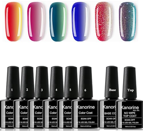 Kanorine 8x10ml GelPolish (6Colors+Base+TopCoat) Temperature Color Changing Gel Nail Polish 10mL UV LED Soak Off Gel Gift kit