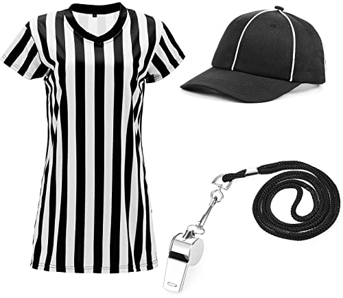 Geyoga Schiedsrichter-Set für Damen, mit V-Ausschnitt, gestreiftem Jersey-Hemd, Schiedsrichterhut, Edelstahlpfeife (Medium)