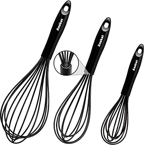Anaeat Silicone Balloon Whisk, Perfect for Non-Stick Cookware, Milk and Egg Beater Blender, Heat Resistant Kitchen Whisks for Whisking, Cooking, Baking, Beating, Frothing & Stirring (Black)
