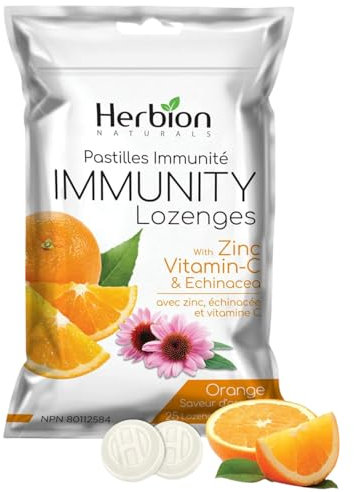 Pastillas Inmunitarias Herbion Naturals con Zinc, Vitamina C y Equinácea, Fuente de Antioxidantes para Adultos y Niños Mayores de 6 Años, 25 CT, Sabor a Naranja.