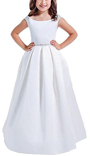GZCYL White First Communion Dresses for Girls 7-16 Satin Ruffles Kids Birthday Party Dress