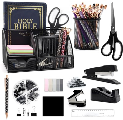 12-in-1 schwarzes Schreibtisch-Organizer- und Zubehör-Set, schwarzes Bürobedarf, schwarzer Hefter, Stifthalter, Klebebandhalter, Heftklammern, Klammerentferner für Schule, Geschenke für Kollegen, Frau
