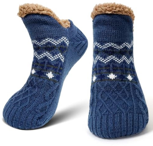 ZFSOCK Chausson Chaussette Homme en Polaire: Chaussettes Antidérapantes Hiver avec Doublure Épaisse et Thermique Idéales pour Noël Anniversaire 1 Paire EU 43-46 Bleu