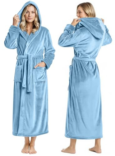 NY Threads Premium Womens Robe with Hood, Plush Fleece Long Bath Robe for Women, Fluffy Soft Women's Bathrobe, Light Blue, Medium (Pack of 1)