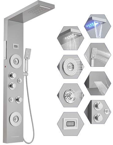 BWE Pannello doccia 6 in 1, sistema a torre con luci a LED e display della temperatura, sistema doccia in acciaio inox con pioggia, cascata, 2 getti massaggianti, beccuccio portatile e vasca da bagno,