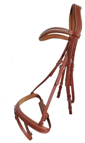 Leather English Bridle Headstall Reins Cowhide Genuine Horse Crossover Crossunder Raised Fancy Stitched Laced All Purpose Jumping Dressage Rubber Crystal Padded Adjustable Browband Full-Cob,M58 (Cob)
