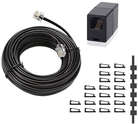 Phone Extension Cord 25FT, Long Telephone Cable with Standard RJ11 Plug and 1 in-Line Couplers and 20 Cable Clip Holder