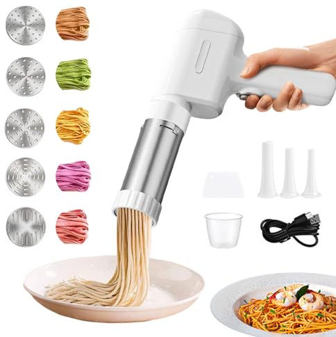 Elektrische Nudelmaschine Handheld, Tragbare Elektrische Nudel Presse 2000mAh Akku, Nudelmaschine Pasta Maker, Pastamaschine Elektrisch Spaghettieispresse, 5 Pressformen, 4 Zubehörteilen, Weiß