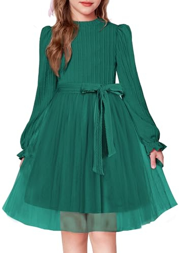Arshiner Robes Filles Manches Longues Vert Noël Festive Enfants Trapèze Robe De Soirée Épaisse Automne Hiver Robe Mode Couleur Unie Robes De Soirée Vêtements Enfants 12-13 Ans