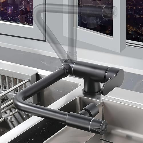 3 wege wasserhahn schwarz vorfenster kuchenarmatur schwarz,Trinkwasserhahn mit 360° Drehbarkeit, Doppelhebel, 3-in-1 Funktion für Wasserfilter, Heiß- und Kaltwasserauslauf, Hochdruckarmatur, Messing