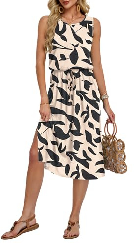 AUSELILY Vestido de Verano para Mujer Midi Sin Mangas con Lazo Delantero y Abertura Lateral Elegante y Casual para Playa Mujer 2026 Hoja Negra