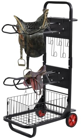 Saddle Rack Cart, Portable Saddle Stand with Wheels, 3 Tier Heavy Duty Horse Equipment Cart with Removable Saddles Stands & Storage Basket, Horse Tack Organizer for or Indoor Outdoor Tack Room
