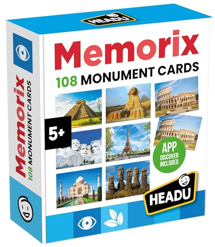 HEADU - Memorix 108 Monument Cards - Jeu de Mémoire sur Les Monuments du Monde| avec 108 Cartes pour Observation et Concentration, Jeu Éducatif Enfants 5-7 Ans, Idée Cadeau Enfants, Made in Italy