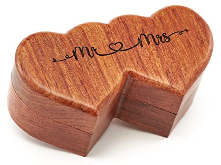 Handicraftviet Ring Box Mr and Mrs – Handmade Heart Shape Ring Box for Wedding Ceremony, Wedding Ring Holder Small Engraved for Engagement/Proposal, Rustic Ring Boxes (Wood Ring Holder)