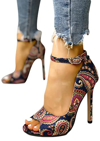 Minetom Femme Sandales Vintage Floral Bouche De Poisson Stiletto Chaussures Soirée De La Mariée Haut Talon Sandals Partie Été Open Toe High Heels A Marin 38 EU