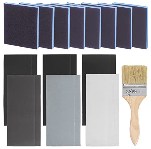 Glarks Lot de 29 éponges de ponçage comprenant 16 éponges de ponçage grain 60-280, 12 papiers abrasifs grain 240-5000 et 1 pinceau pour ponçage automobile, polissage des meubles en métal