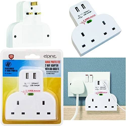 ELPINE 2 WAY GANG SOCKET ADAPTOR | DUAL USB CHARGER PORT | HOME | OFFICE | WORK | PORTABLE | TRAVEL | SURGE PROTECTED | EXTENSION LEADS | TWIN CHARGE | 3 PLUG PIN | UK FREE P&P