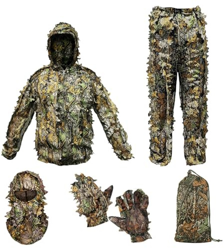 Ghillie Suit Camouflage Hunting Suits Outdoor 3D Leaf Lifelike Camo Clothing Lightweight Breathable Hooded Apparel Suit, Hunting Gloves, Leafy Face Mask and Bag for Jungle Shooting Halloween