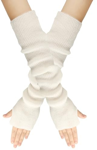 Suxgumoe Guanti senza dita da donna, lunghi invernali, da donna, scaldamuscoli, scaldamuscoli a maglia, con foro per il pollice, scaldamani per donne e ragazze, bianco, Taglia unica