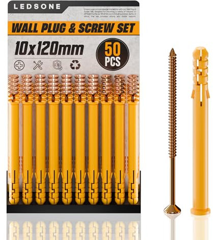 LEDSone Lot de 50 vis et chevilles murales 10 x 120 mm pour maçonnerie, brique, béton, chevilles et vis dans une boîte compartimentée en zinc galvanisé 3 tailles différentes