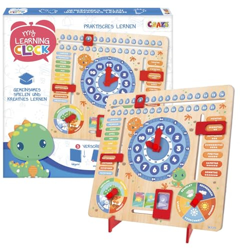 CRAZE My Learning Clock Dino - Lernuhr für Kinder aus Holz, Kalenderuhr zum Lernen für Kinder, Lerntafel Uhr Jahreszeiten Wanduhr, Blau