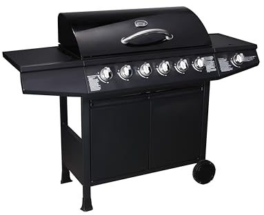 Amig - Barbecue a gas Fireplus 6+1 da 12,9 kW | Acciaio inossidabile Nero | Griglia ruote Modello GRILL-6F | Barbecue XXL con carrello e termometro | 138x52x103 cm | 7 bruciatori e Vassoio laterale