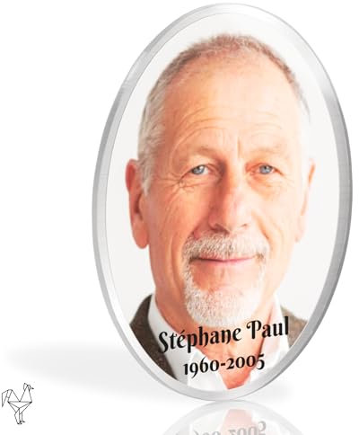 Médaillon Funéraire Argenté Personnalisé - Cadre Photo Personnalisable Souvenir - Portrait Commémoratif Personnalisé - Photo pour Plaque Funéraire - Ornement Cimetière (8x6 cm (petit))