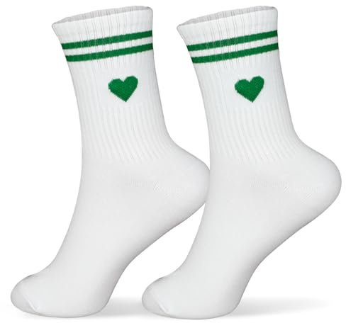 GEBETTER 1 Paar Weiß Socken Damen 36-42 Baumwolle mit Streifen Herz lustige Geschenke für Frauen Herren Sportsocken Tennissocken (DE/NL/SE/PL, Alphanumerisch, Einheitsgröße, Regular, Regular, Grün)