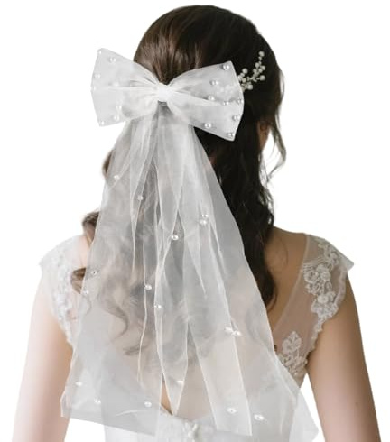 Bridal Hair Bow Veil with Pearl, Bridal White Hair Bow Clip Pearl Wedding Veil Accessories for Bachelorette Party Shower Hen Night Bridesmaid Supplies
