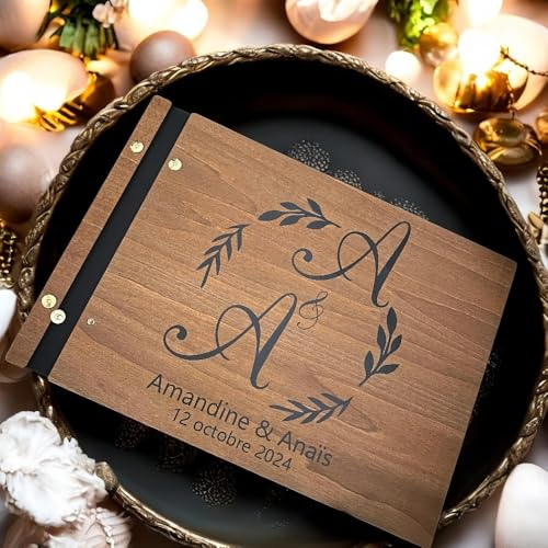Libro De Invitados De Boda Personalizado Grabado En Madera Con Nombre Y Fecha Álbum De Fotos De Pareja Para Recepción De Boda, Aniversario, Fiesta De Cumpleaños, 25 Hojas