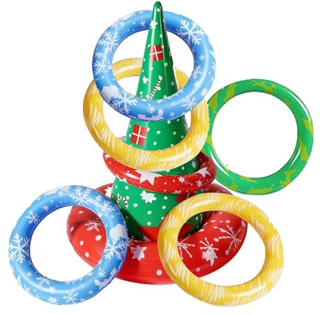 Christmas Party Ring Toss Game Set, Christmas Inflatable Snowflake Hat with 6 Rings, Xmas Toss Game Props, Inflatable Ring Toys Gifts for Kid Family School Party Favor Outdoor Indoor Xmas Table Gifts