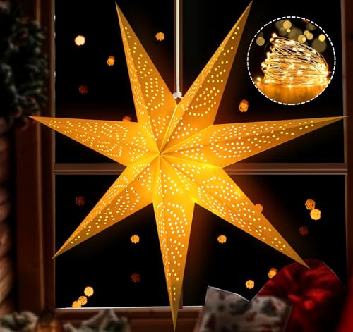 HOUISM 70cm Large Christmas Paper Star Lantern Lampshade with 2×1.5m Warm White Fairy Lights - Extra Big Foldable Hanging Pentagram Light for Xmas Tree, Fireplace Mantel, Wedding, Party, Porch Decor