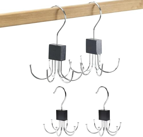 COZERI 4PCS Belt Tie Hanger Set - Space-Saving Wooden Hanger 360°Rotation with 6 U-shaped Anti-Slip Stainless Steel Hooks, Multi-Functional Organiser for Ties/Belts/Scarves/handbags/hats, Wardrobe