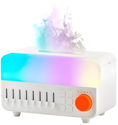 QUMOX Humidificateur à bruit blanc A14 avec lumière flamme, haut-parleur Bluetooth et réservoir de 150 ml – Humidificateur à brume avec lumière RGB respirante, minuterie 5 heures, luminosité,blanc